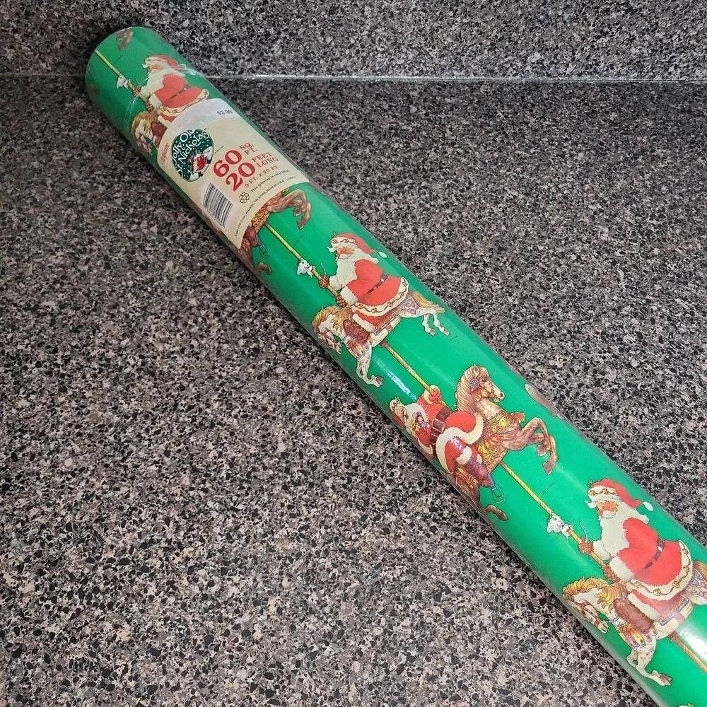 VINTAGE‎ 90's Santa Clause Christmas Wrapping Paper Carousel Horses Giordano